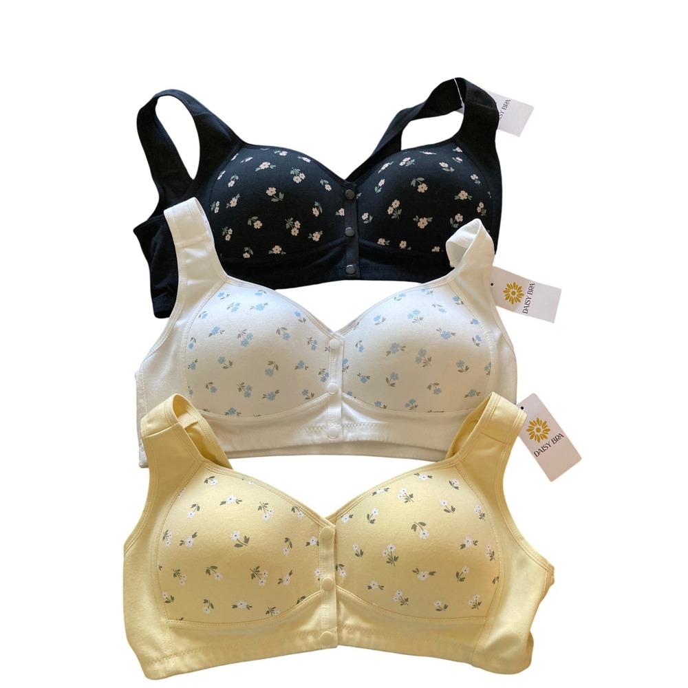 Daisy Bra 3-Pack Front Snap Wireless Floral Bras Black White Yellow Size 2XL NEW